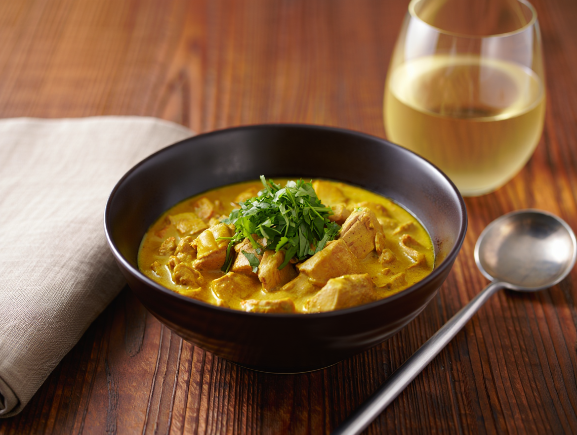 Cerdo al curry amarillo con leche de coco y nata