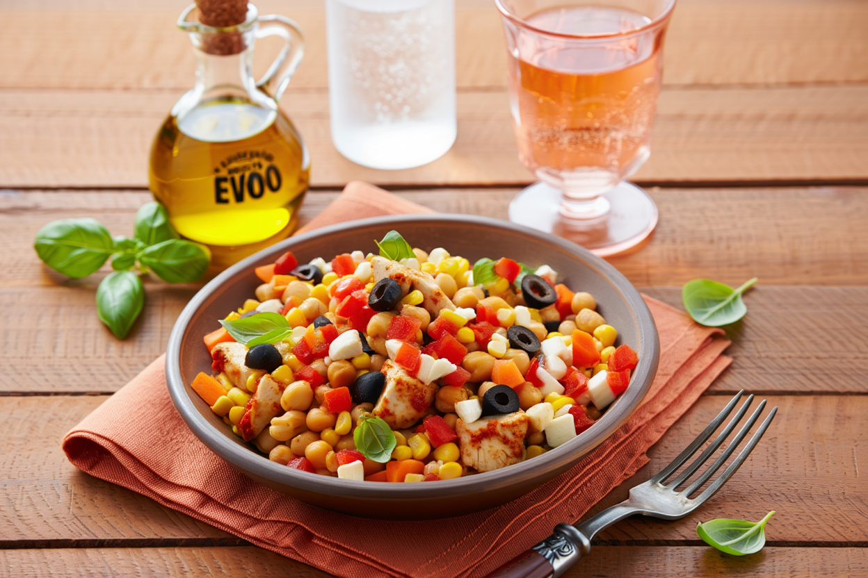 Ensalada de garbanzos con pollo al pesto rosso