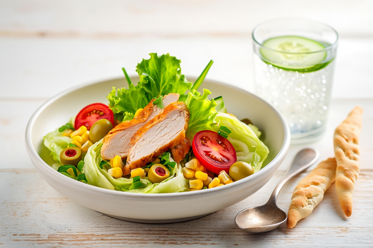 Ensalada iceberg con pollo asado y maíz