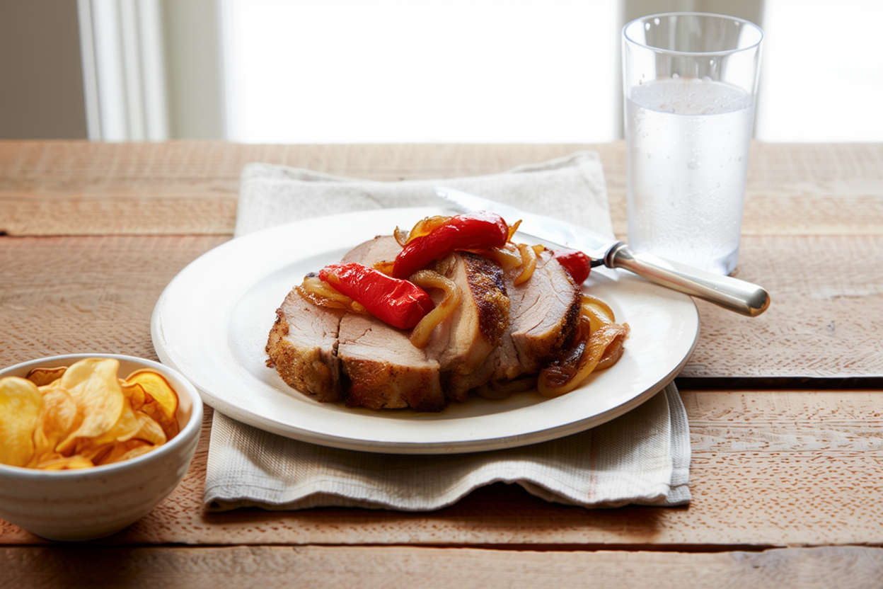Lomo asado con cebolla y pimientos del piquillo