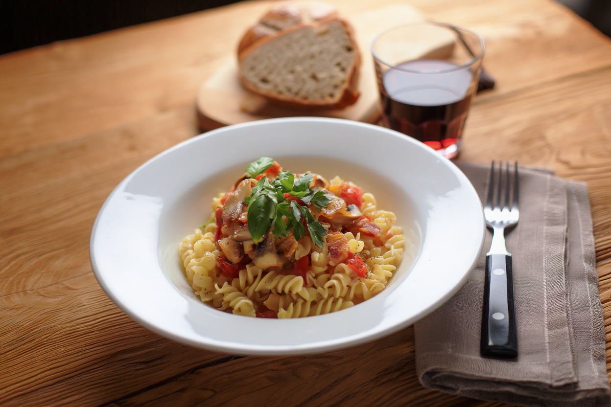 Pasta espiral a la boscaiola