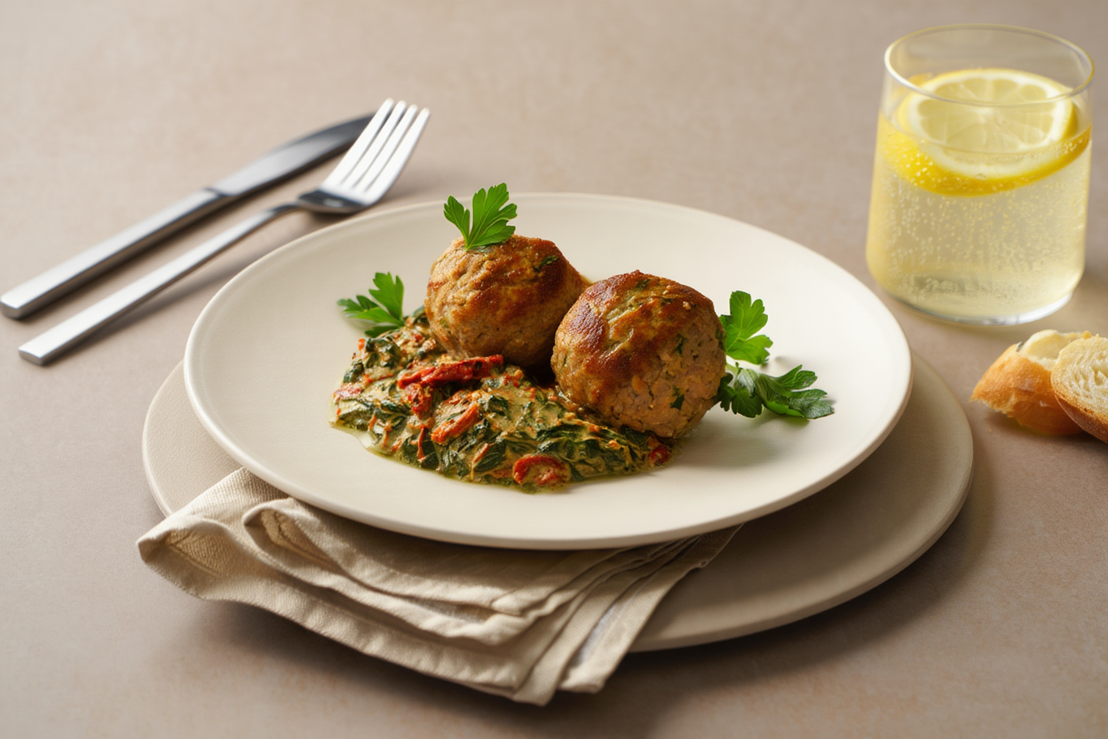 Albóndigas de pavo con salsa de espinacas y tomate seco