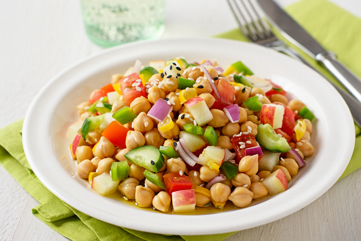 Ensalada de garbanzos con manzana y verduras al sésamo