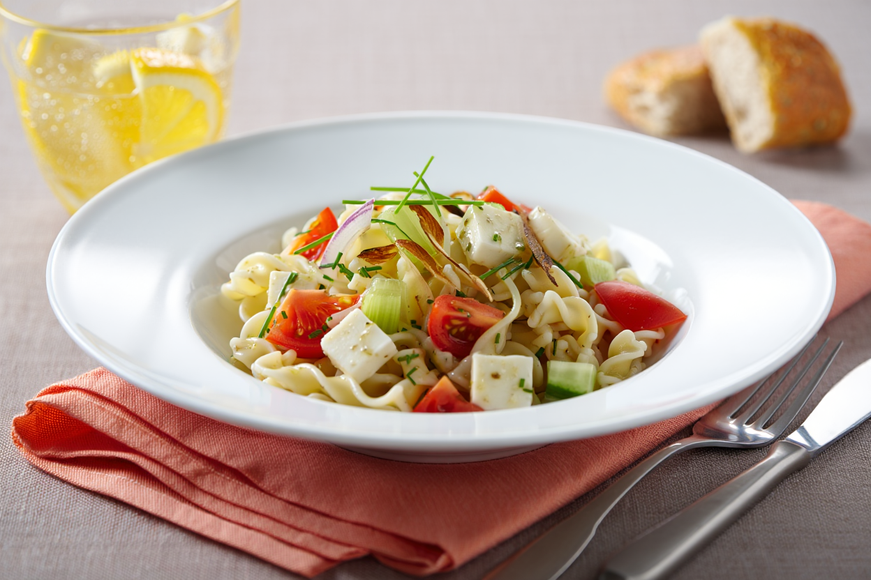 Ensalada de pasta con queso latino y tomate natural