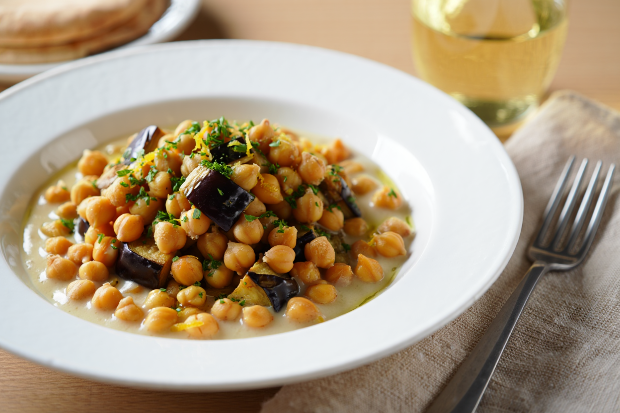 Garbanzos con berenjenas y salsa tahini