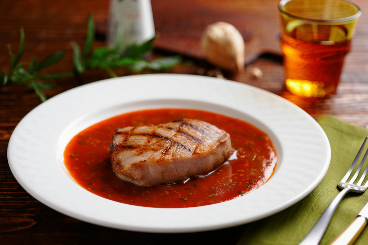 Secreto con salsa de verduras y finas hierbas al pimentón