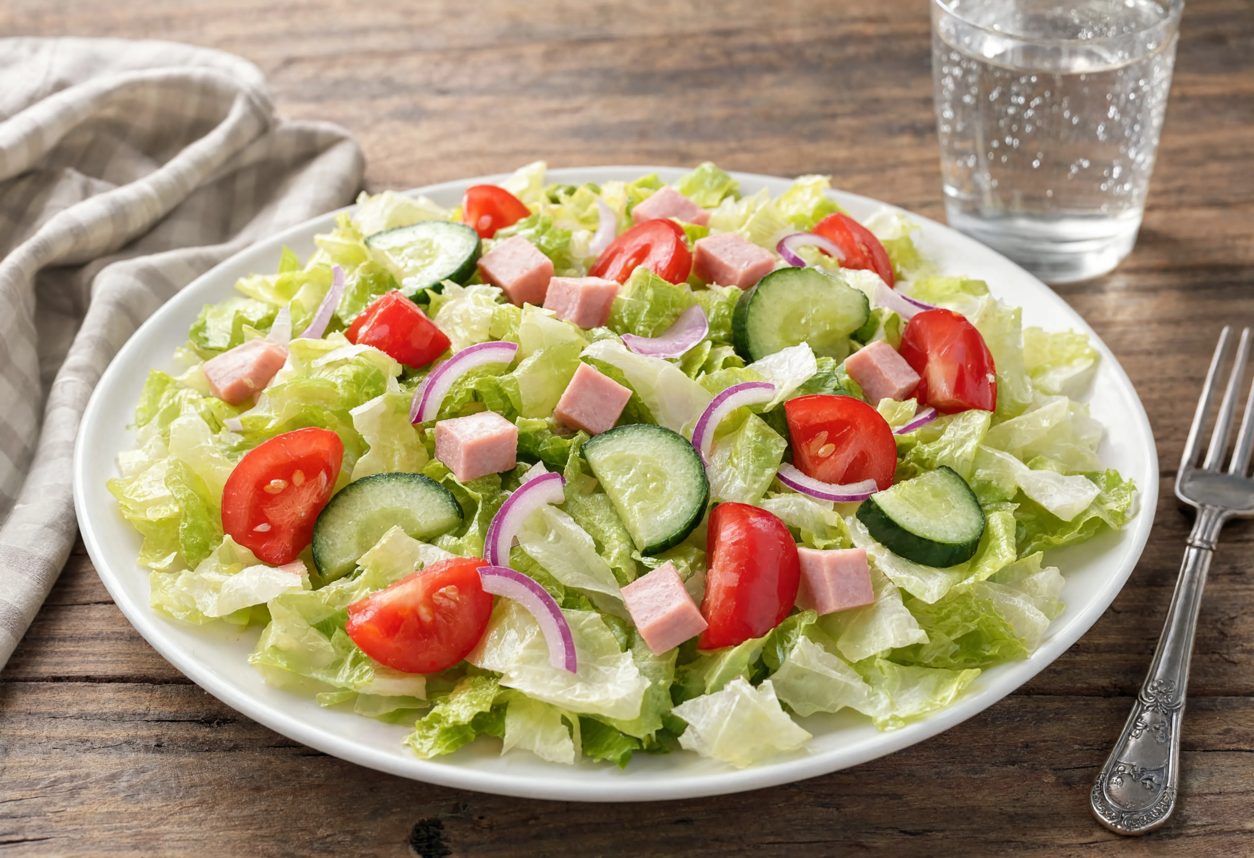 Ensalada iceberg con pavo, tomate, pepino y cebolla roja