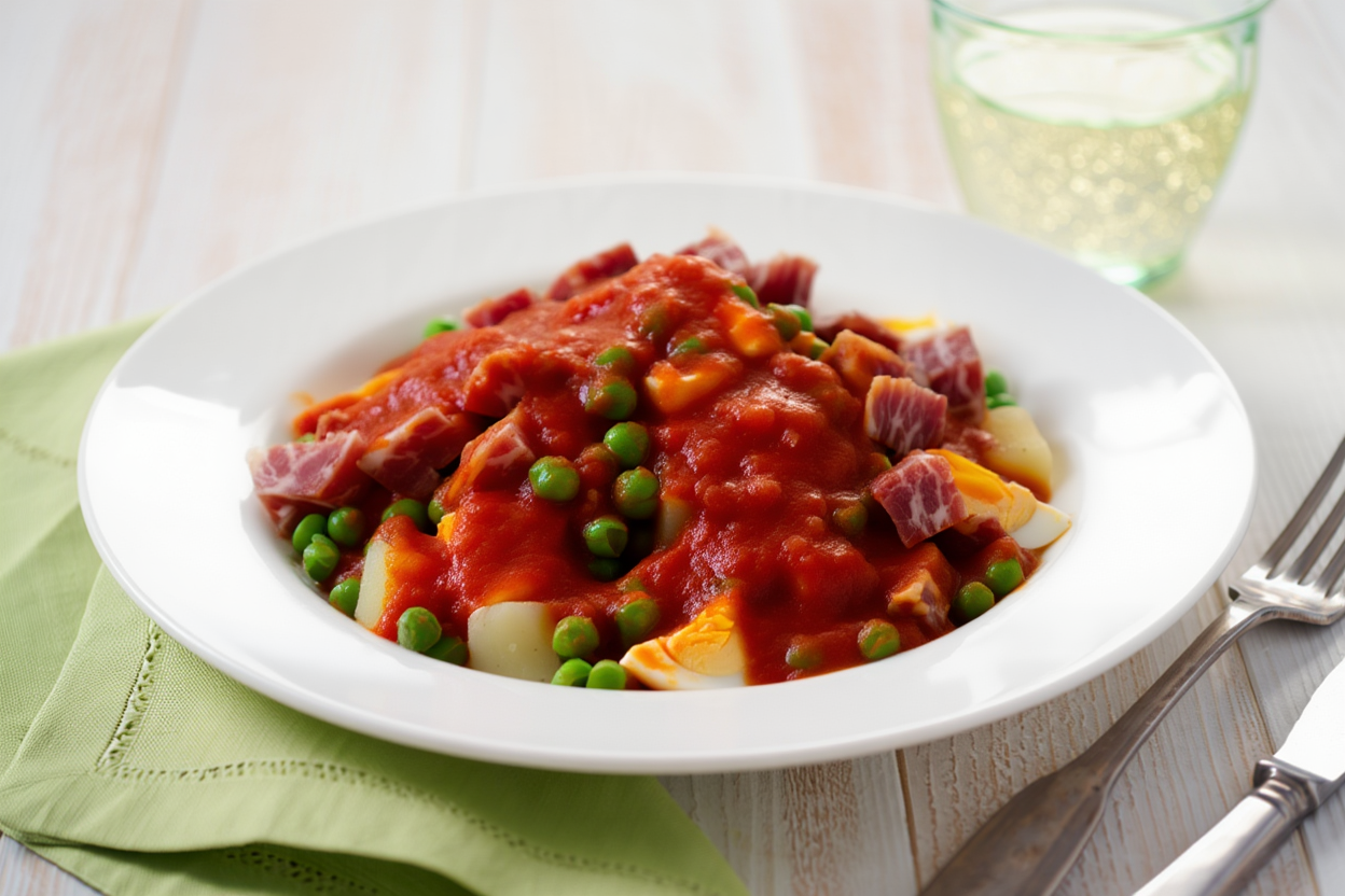 Guisantes con jamón, huevo y tomate