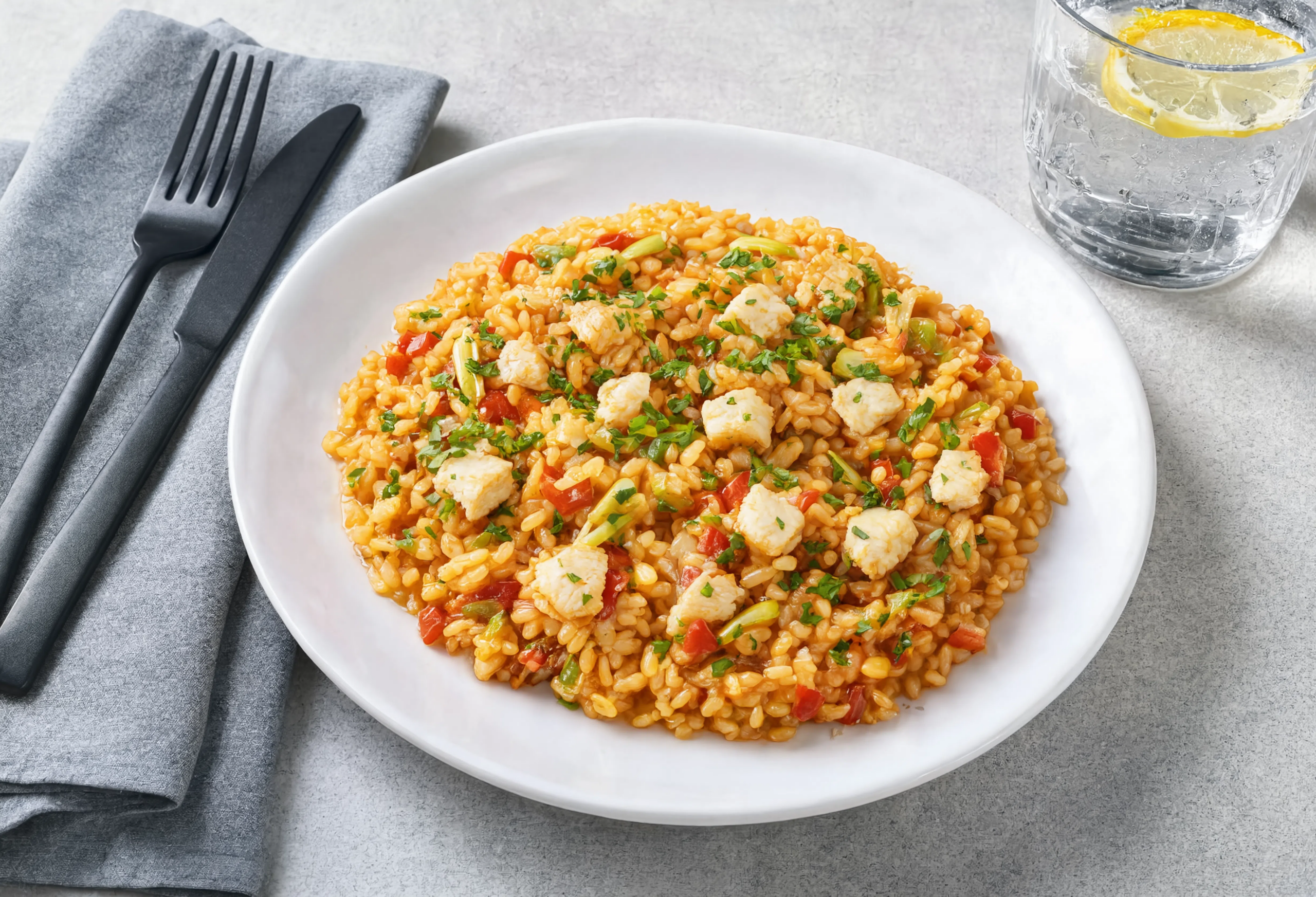 Arroz de merluza con verduras y ajetes tiernos