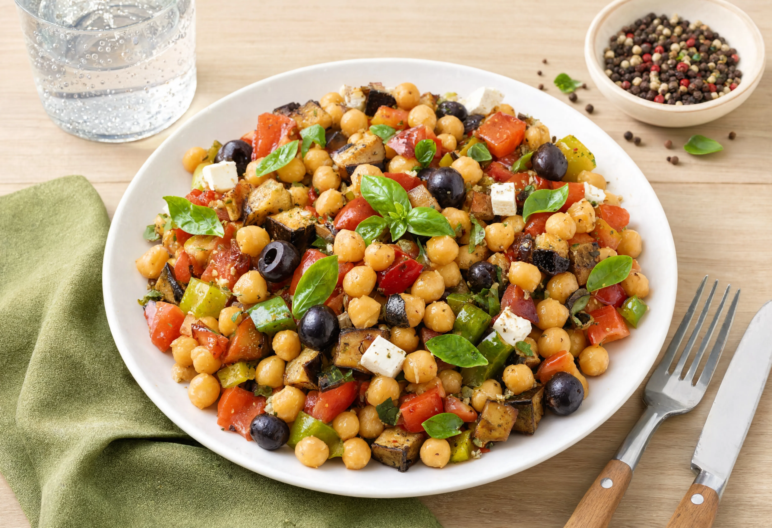 Ensalada de garbanzos con verduras asadas al estilo mediterráneo