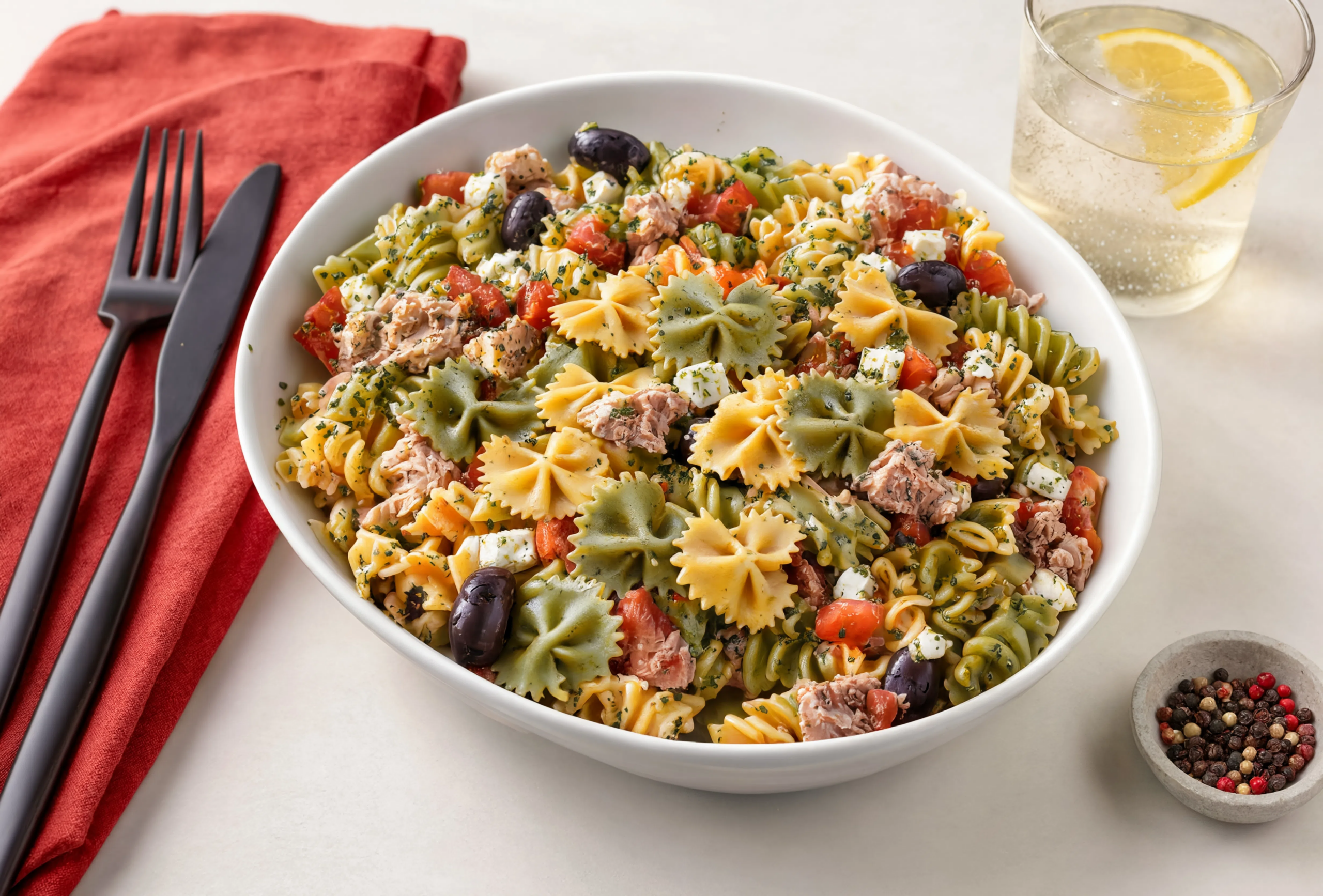 Pasta tricolor con atún, tomate y mozzarella