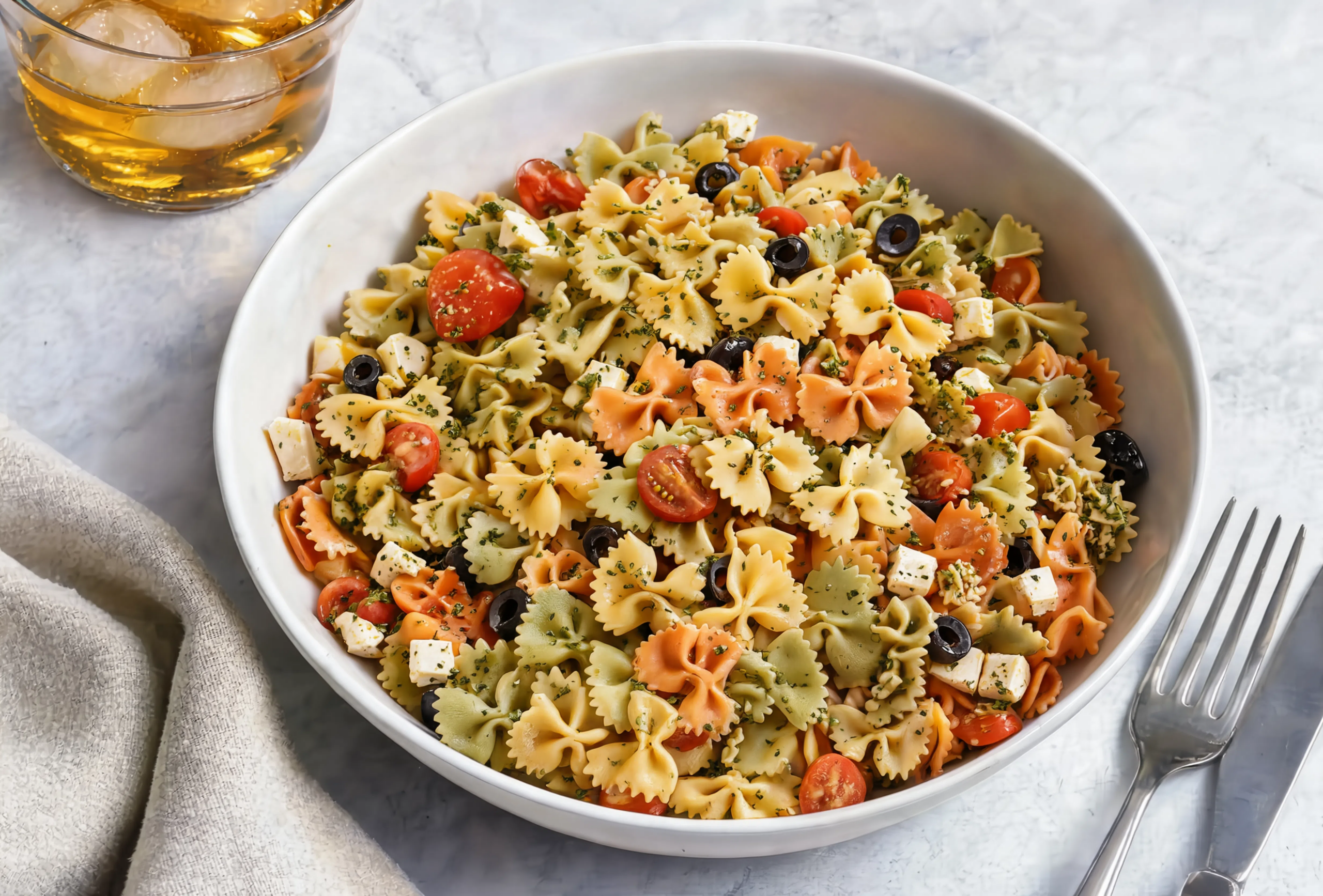 Pasta tricolor vegetariana con tomate y mozzarella