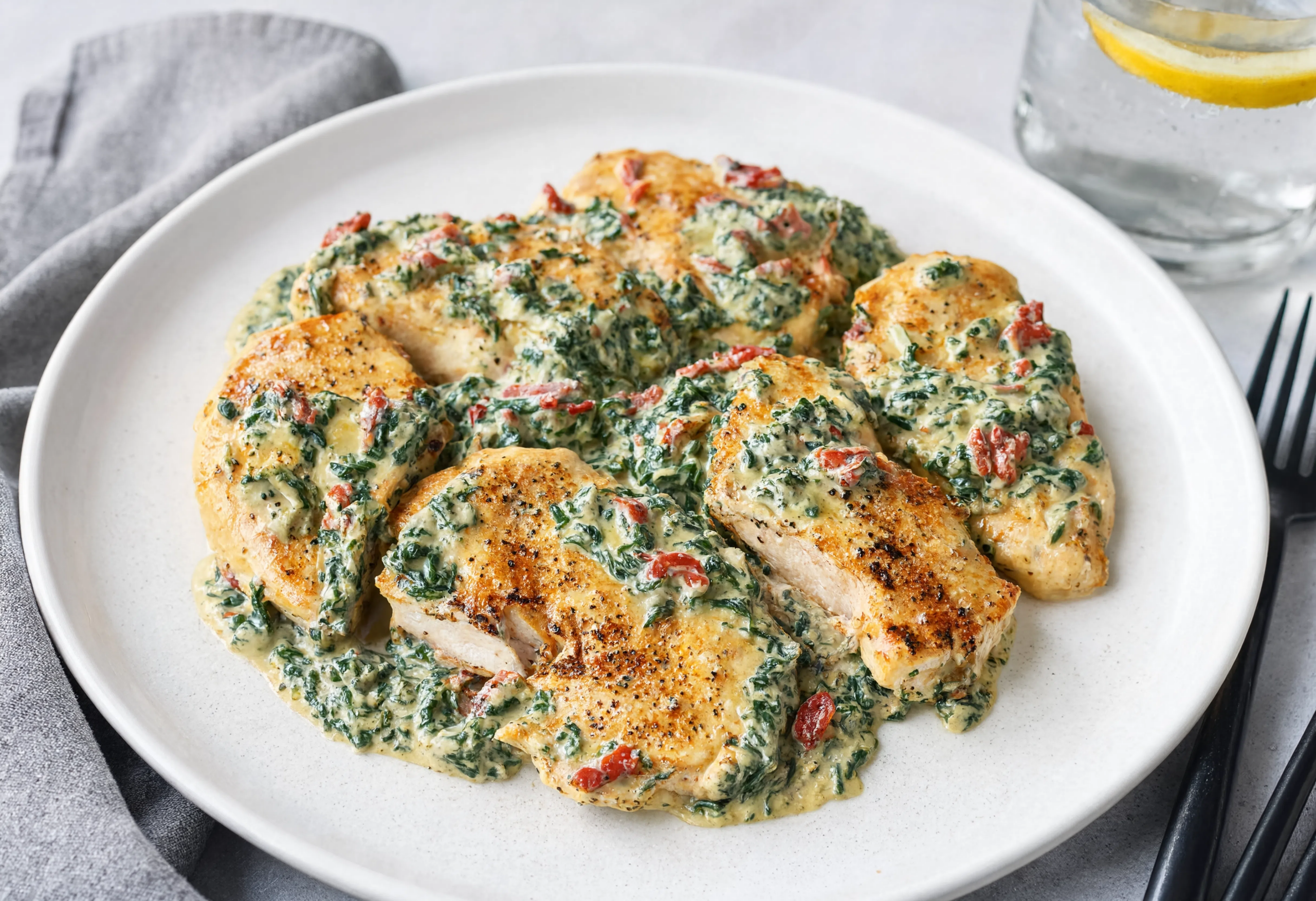 Solomillos de pollo con salsa de espinacas y tomate seco