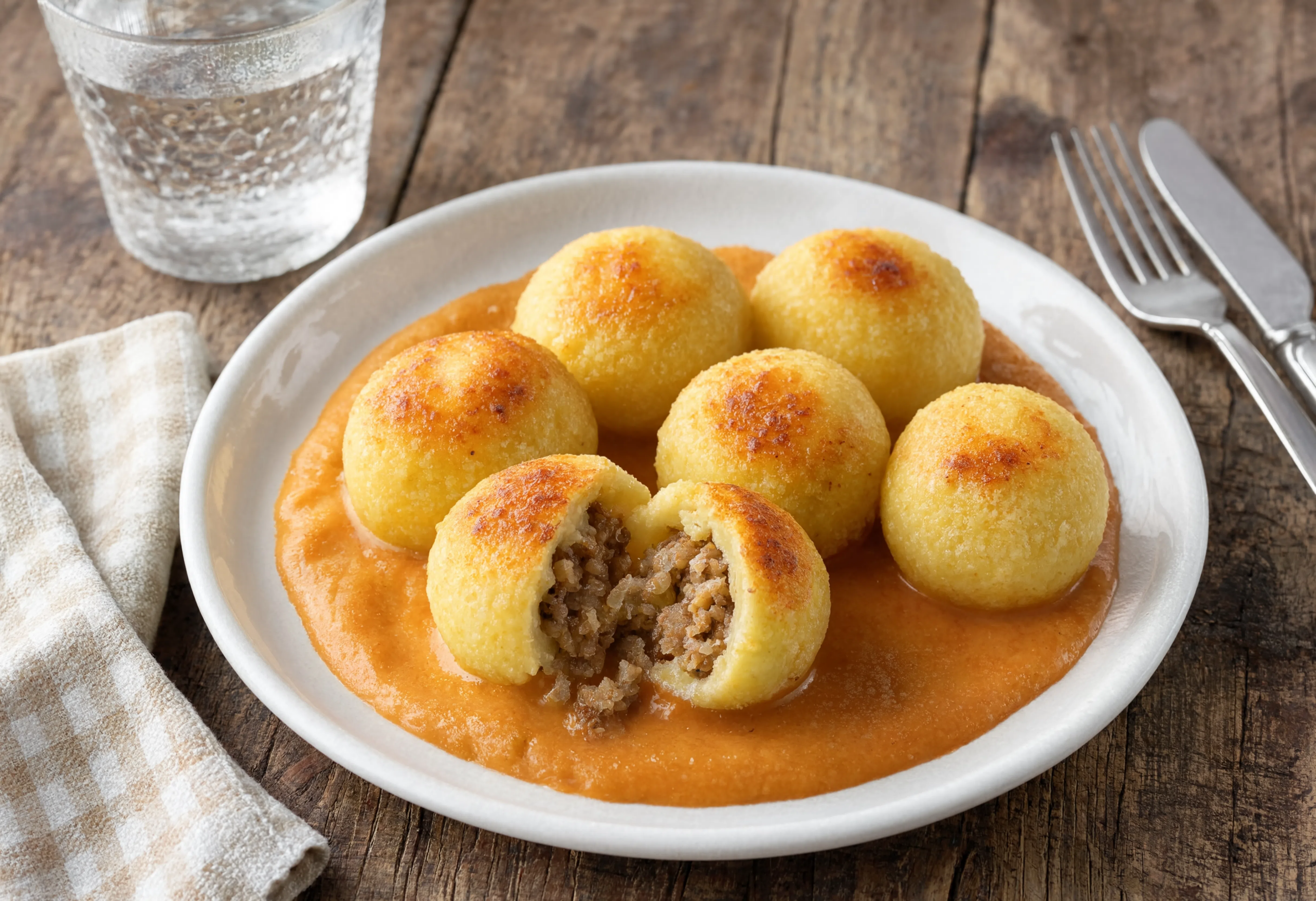 Bolitas de patata rellenas de carne con salsa de boniato y leche de coco