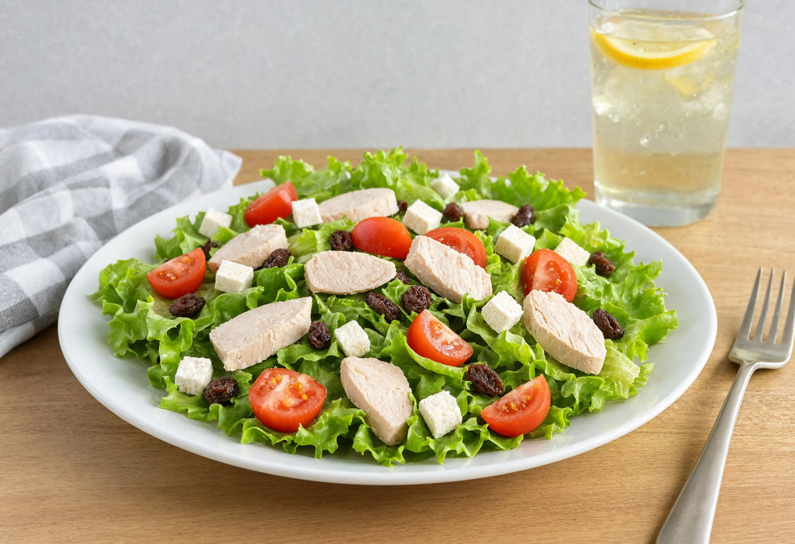 Ensalada verde con pavo, queso de cabra, pasas y tomate
