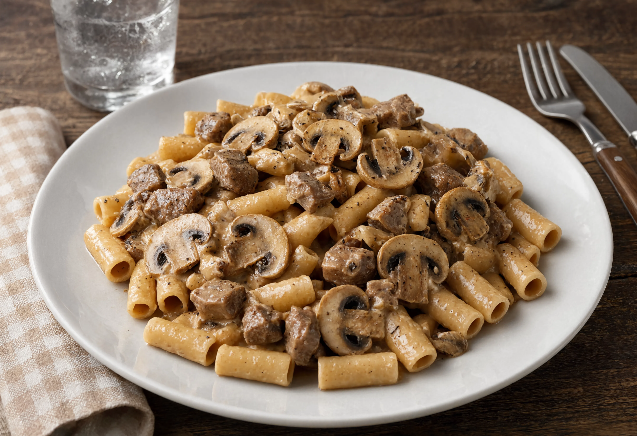 Macarrones a la crema con carne y champiñones