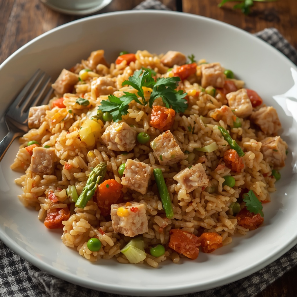 Arroz con espárragos y tacos de lomo