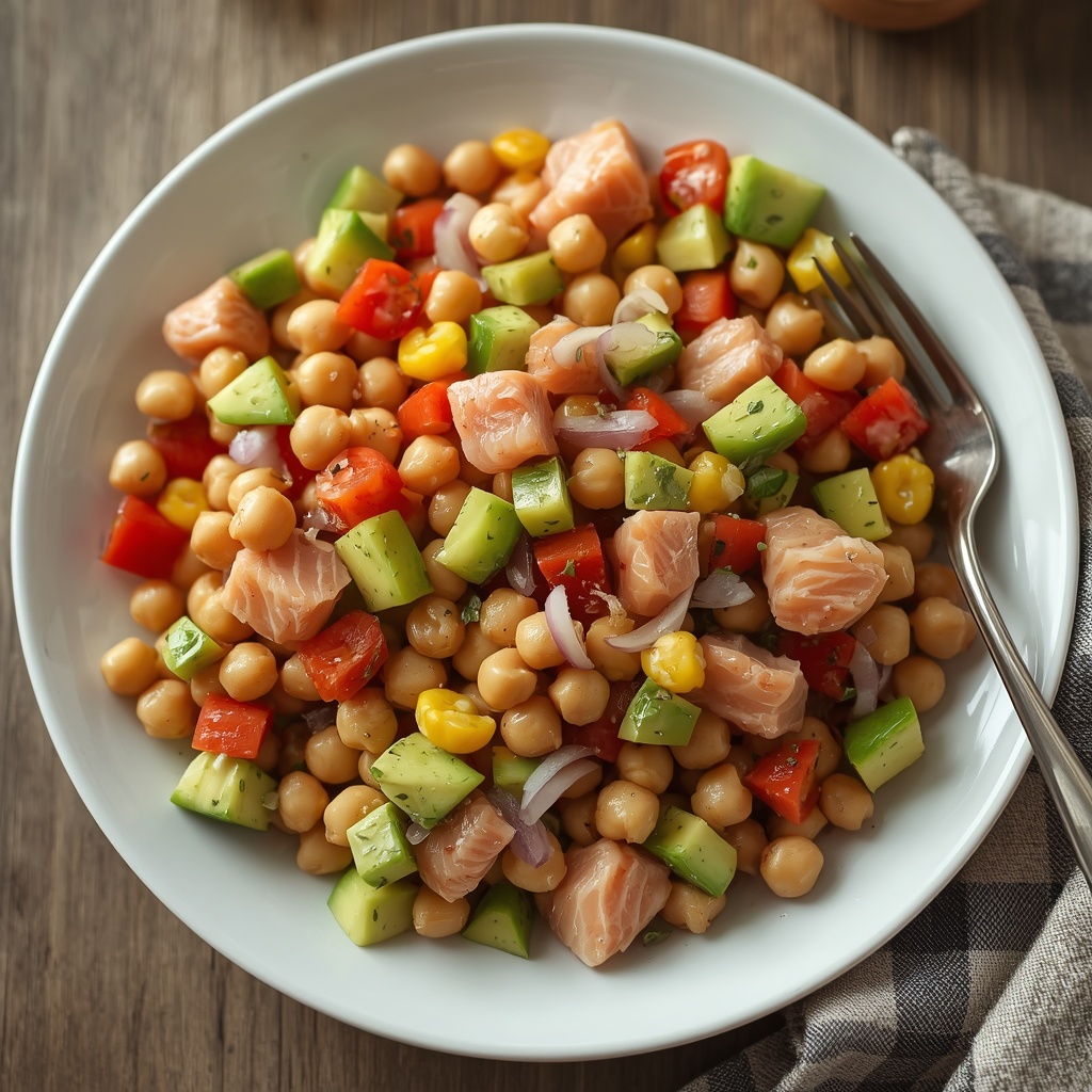 Ensalada de salmón con garbanzos y aguacate