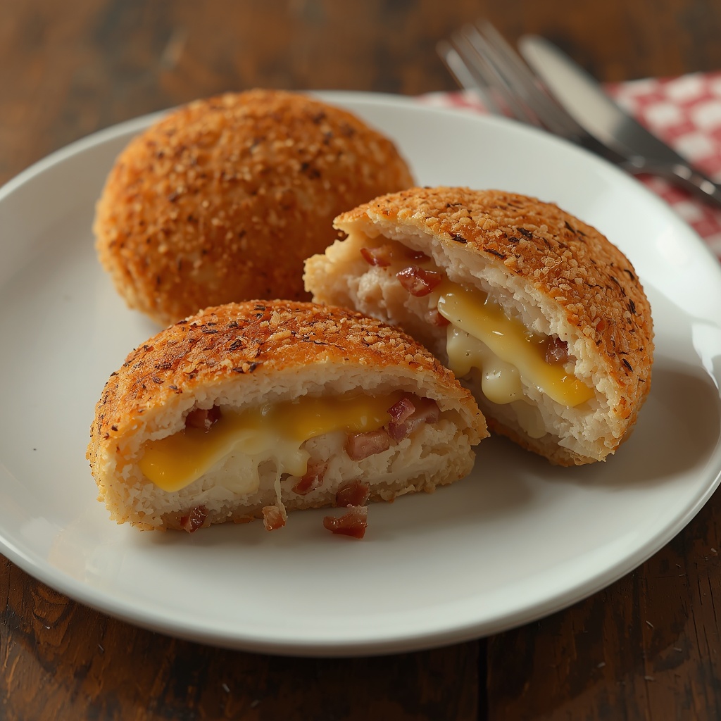 Hamburguesa empanada de pollo rellena de bacon y queso