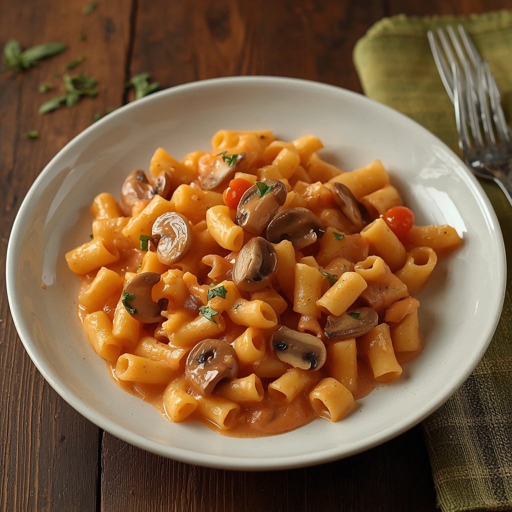 Pasta tiburón con salsa mixta y champiñones