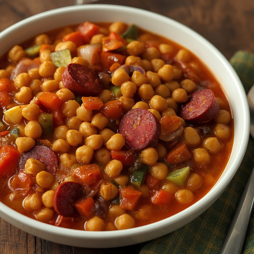 Potaje campesino de garbanzos con chorizo asturiano