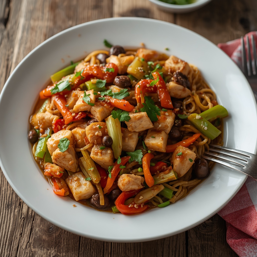 Ragú de pollo con verduras al estilo yakisoba
