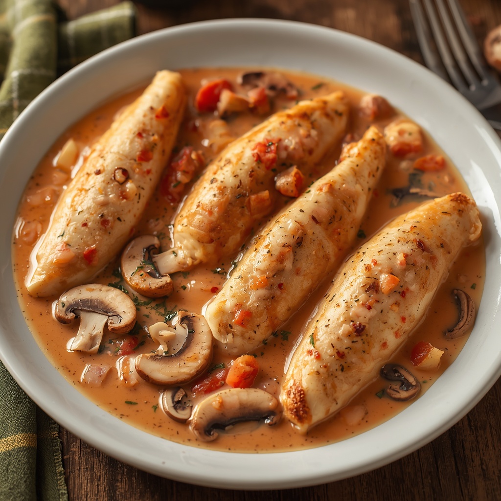 Solomillos de pollo con salsa mixta y champiñones